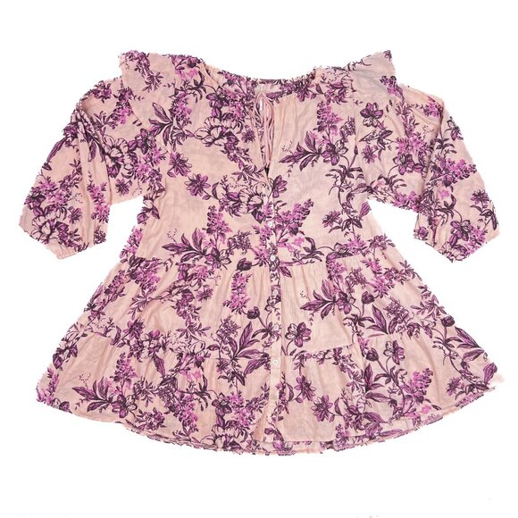 Free People Sunbaked Swing Dress in Petal Pink Floral Crepe Ruffled Sz L - NWOT - Picture 2 of 9